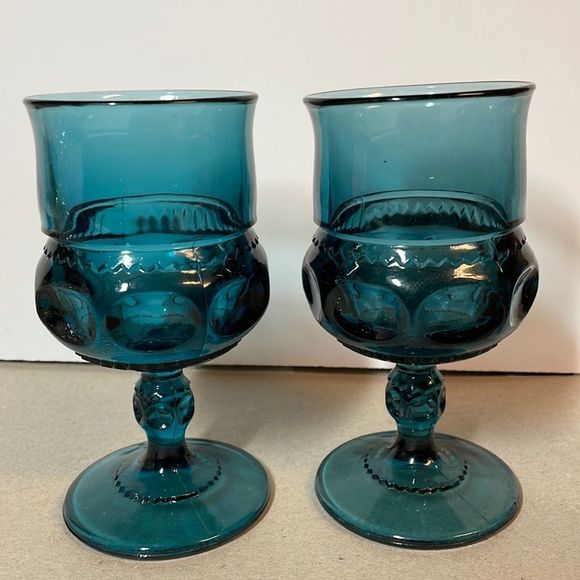 Set of 6 Vintage Blue Indiana Glass Kings Crown Thumbprint Mini Wine Goblets